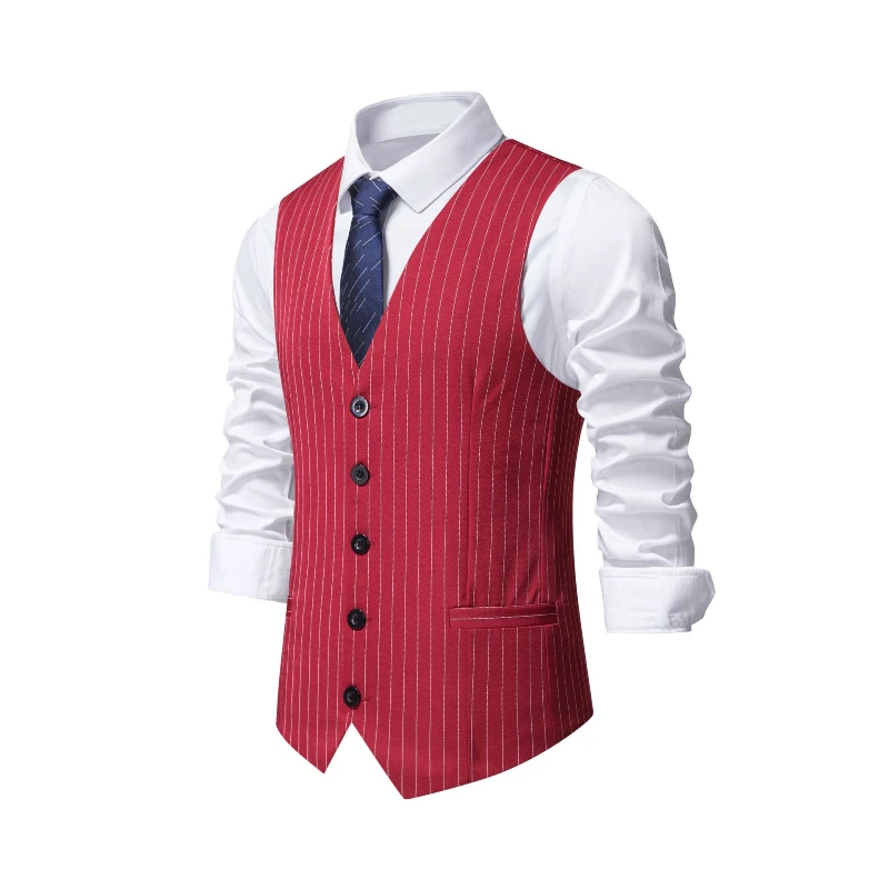 Khaki Formal Wear Men - เสื้อกั๊กสูทลายทางสีแดงใหม่ ปี 2026 สำหรับผู้ชาย แฟชั่นธุรกิจ ชุดลำลองทางการ