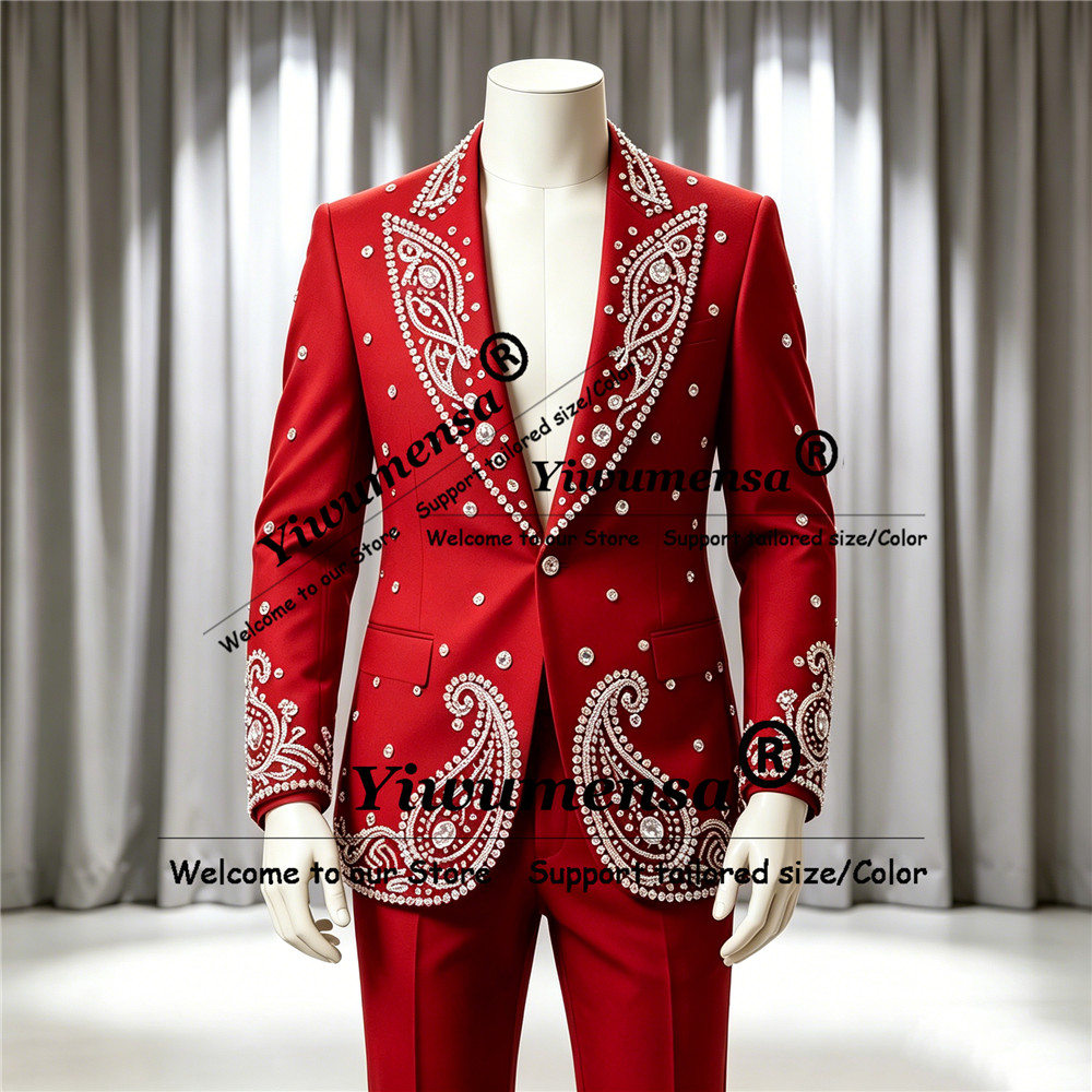 Men'S Formal Wear Jewelry - ชุดสูทประดับเพชรระยิบระยับสำหรับผู้ชาย ชุดแต่งงานแบบกระดุมแถวเดียว เสื้อแจ็คเก็ตและกางเกง 2 ชิ้น ชุดเจ้าบ่าว