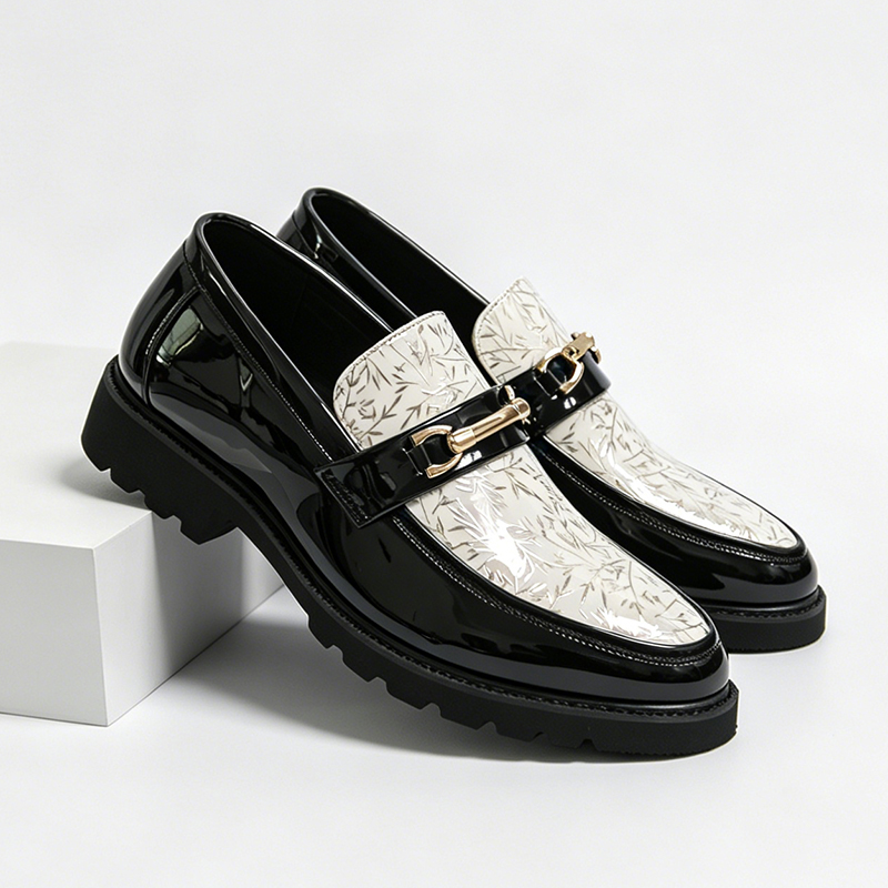 Men'S Formal Attire - รองเท้าโลฟเฟอร์หนังแก้วลายไม้ไผ่สองสีสำหรับผู้ชาย พร้อมหัวเข็มขัดโลหะ สวมใส่สบาย เหมาะสำหรับงานแต่งงาน คลับ ธุรกิจ