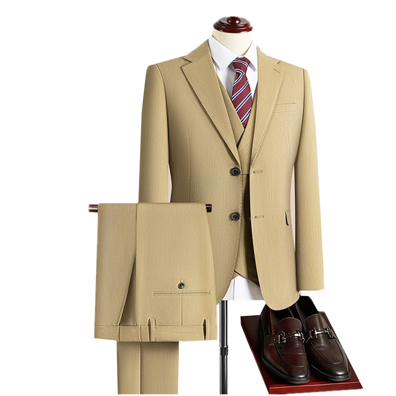 Khaki Formal Wear Men - ชุดสูทธุรกิจทรงเข้ารูป 3 ชิ้น สีกากีสำหรับผู้ชาย เหมาะสำหรับงานเลี้ยงทางธุรกิจ งานแต่งงาน