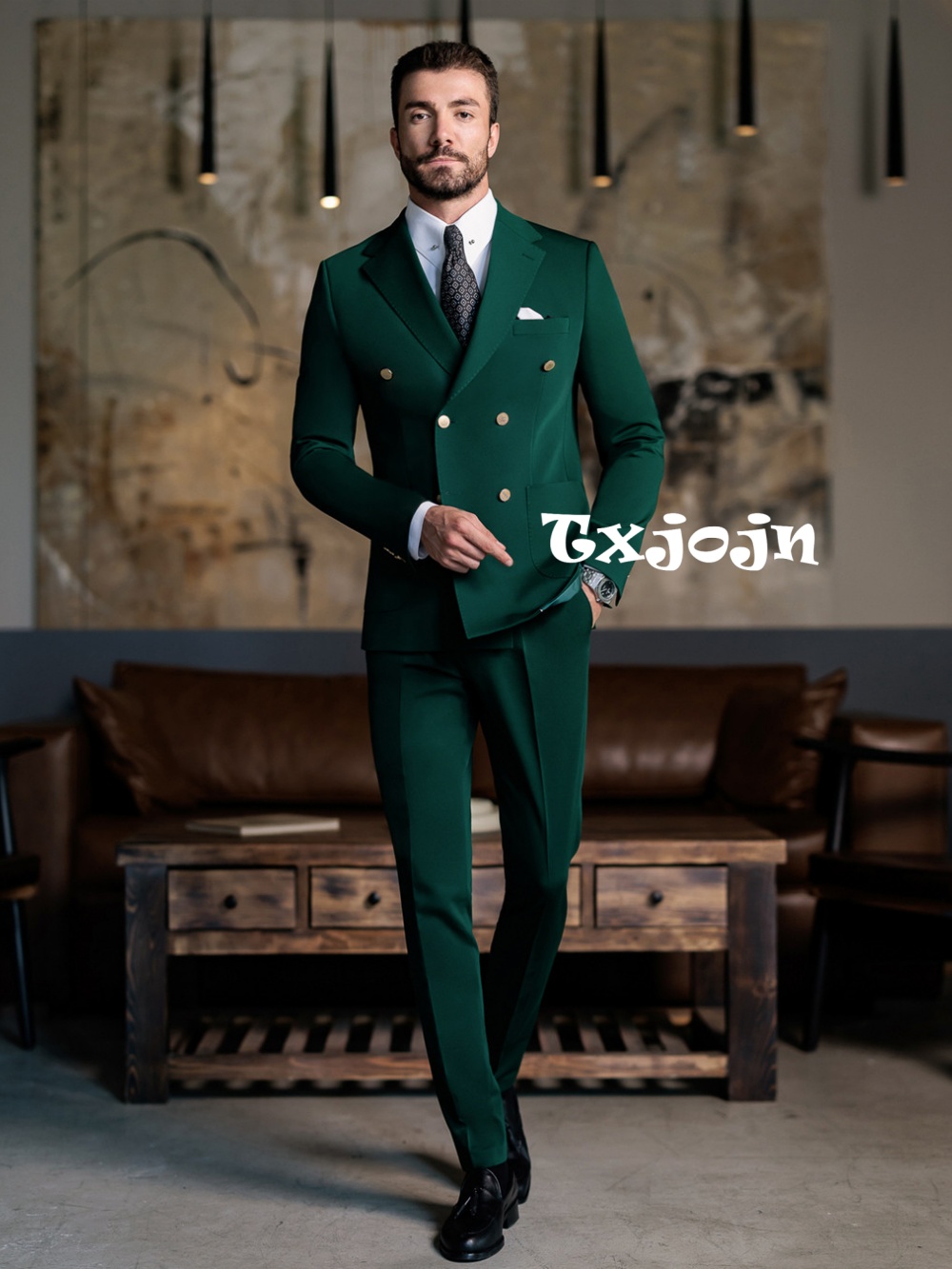 Elegant Formal Men'S Wear - ชุดสูทผู้ชายสีเขียวทรงเข้ารูป 2 ชิ้น เสื้อแจ็คเก็ตและกางเกง สำหรับงานวันเกิด งานเลี้ยง