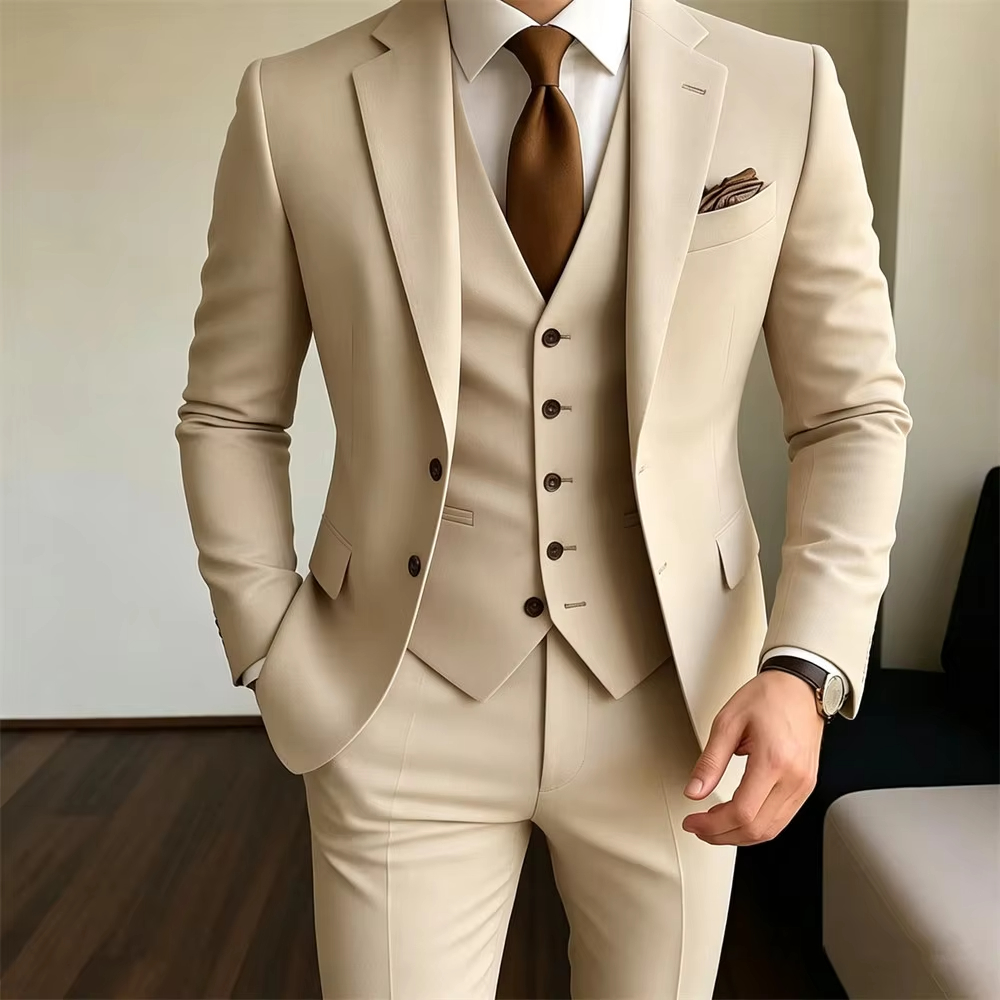 Khaki Formal Wear Men - ชุดสูทผู้ชายสีกากี 3 ชิ้น เสื้อแจ็คเก็ต+เสื้อกั๊ก+กางเกง ชุดแต่งงานทรงเข้ารูปสำหรับเจ้าบ่าว ชุดออกงานสำหรับเพื่อนเจ้าบ่าว