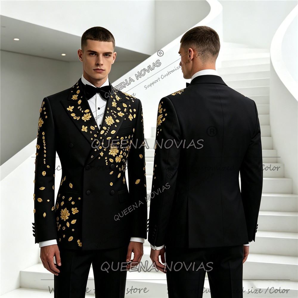 Men'S Formal Wear Jewelry - ชุดสูทผู้ชายสุดหรูสำหรับงานแต่งงาน ประดับด้วยเครื่องประดับทองและเพชรเทียม แจ็คเก็ตและกางเกง ชุด 2 ชิ้น