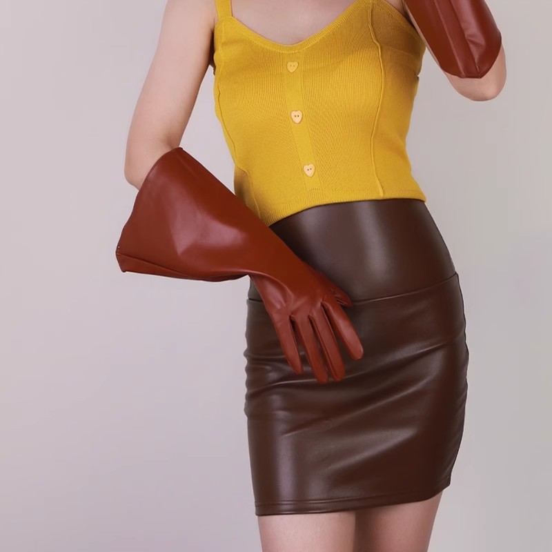 Formal Glove Leather - แฟชั่นของผู้หญิงถุงมือหนัง PU แขนกว้างยาวสีน้ำตาล, ถุงมือคลับสำหรับสตรีถุงมือสำหรับปาร์ตี้เต้นรำขนาด38เซนติเมตร R1141