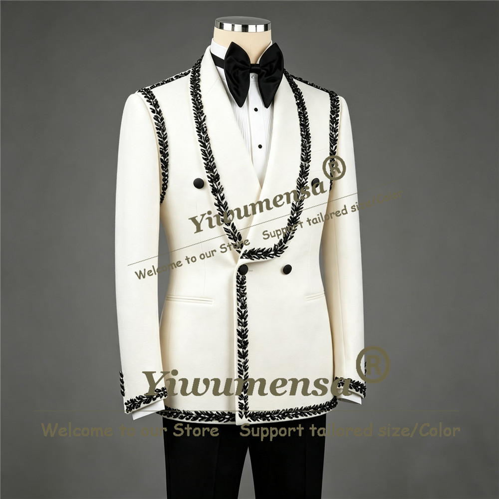 Men'S Formal Wear Jewelry - ชุดสูทผู้ชายสุดหรู สีดำ ประดับด้วยอัญมณีเมทัลลิก แจ็คเก็ตและกางเกง 2 ชิ้น