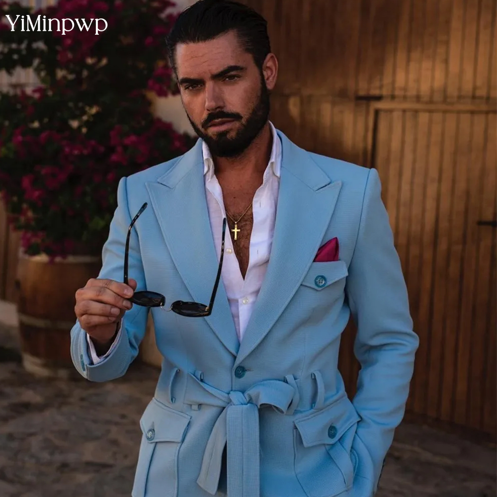 Men'S Holiday Formal Wear - ชุดสูทผู้ชายสีฟ้าอ่อน 2 ชิ้น ชุดฤดูร้อนแบบกระดุมแถวเดียว ชุดเจ้าบ่าว ปกแหลม