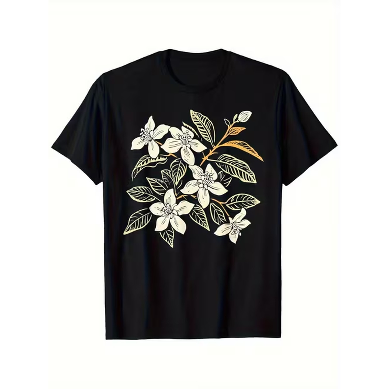 Men'S Formal Attire - เสื้อยืดผู้ชายลายดอกไม้สไตล์เรโทร สีดำ พร้อมลวดลายพฤกษศาสตร์สีขาวทอง เนื้อผ้าหนา 180 แกรม