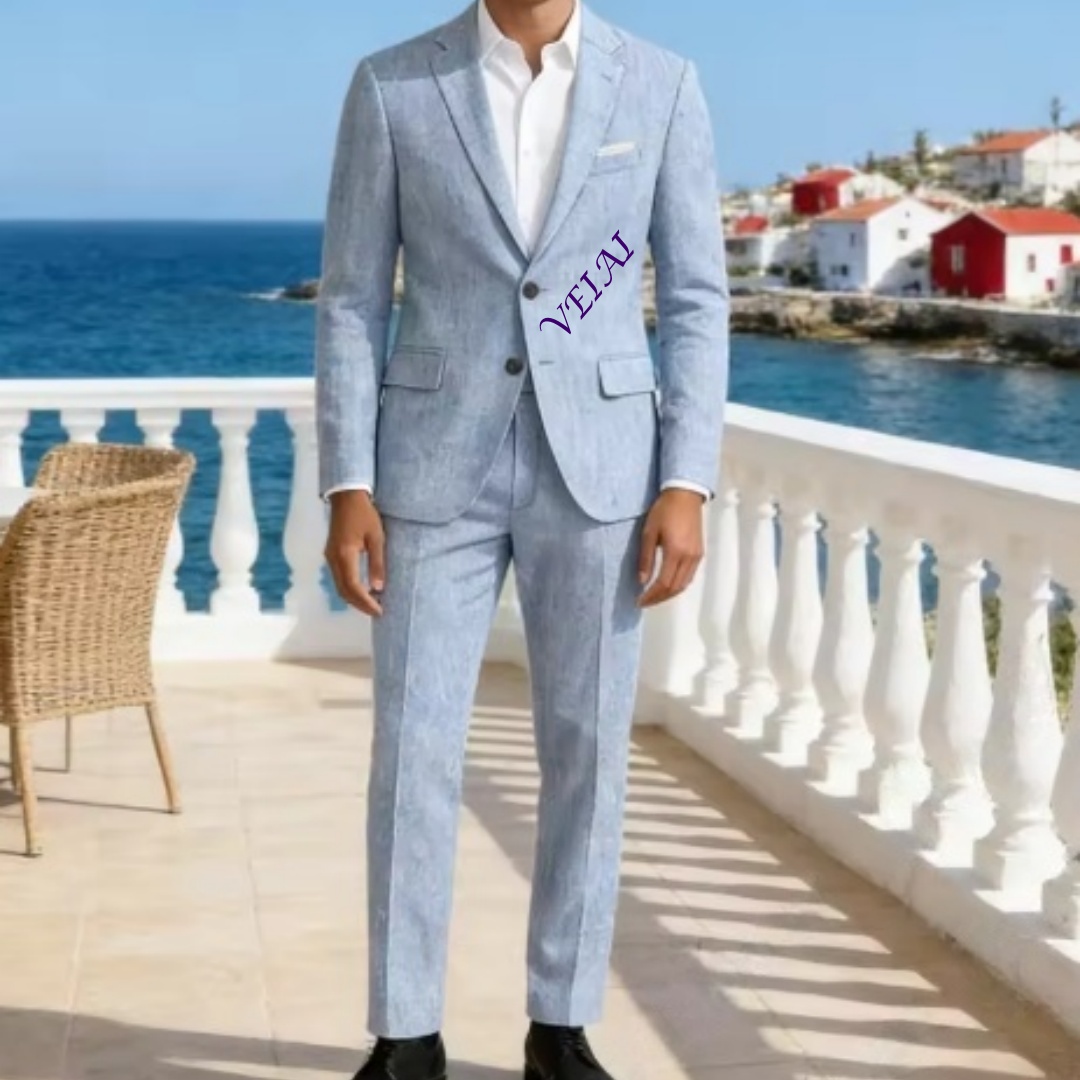 Men'S Formal Wear For A Wedding - ชุดสูทผ้าลินินสีฟ้าอ่อนแบบสั่งตัด 2 ชิ้น ทรงสลิม คอปกแบบมีรอยบาก พร้อมกางเกง