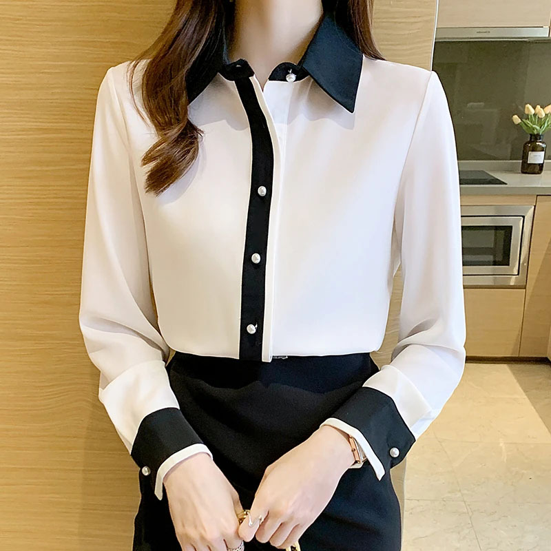 Men'S Formal Wear Accessories - เสื้อชีฟองสีขาวสำหรับผู้หญิง สไตล์เกาหลี ชิค กระดุมแถวเดียว ปกตัดสี เสื้อทำงานสำหรับสุภาพสตรี