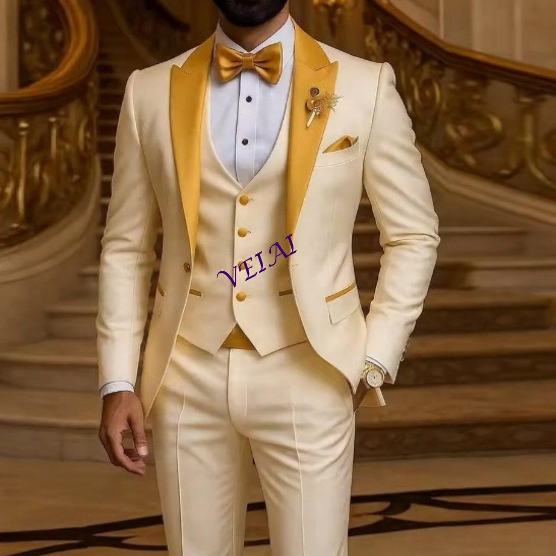 Men'S Formal Attire - ชุดสูทผู้ชายสีงาช้างแบบสั่งตัดพิเศษ คอสีทอง สำหรับงานแต่งงาน งานเลี้ยง งานพิธีการ ชุดเจ้าบ่าว