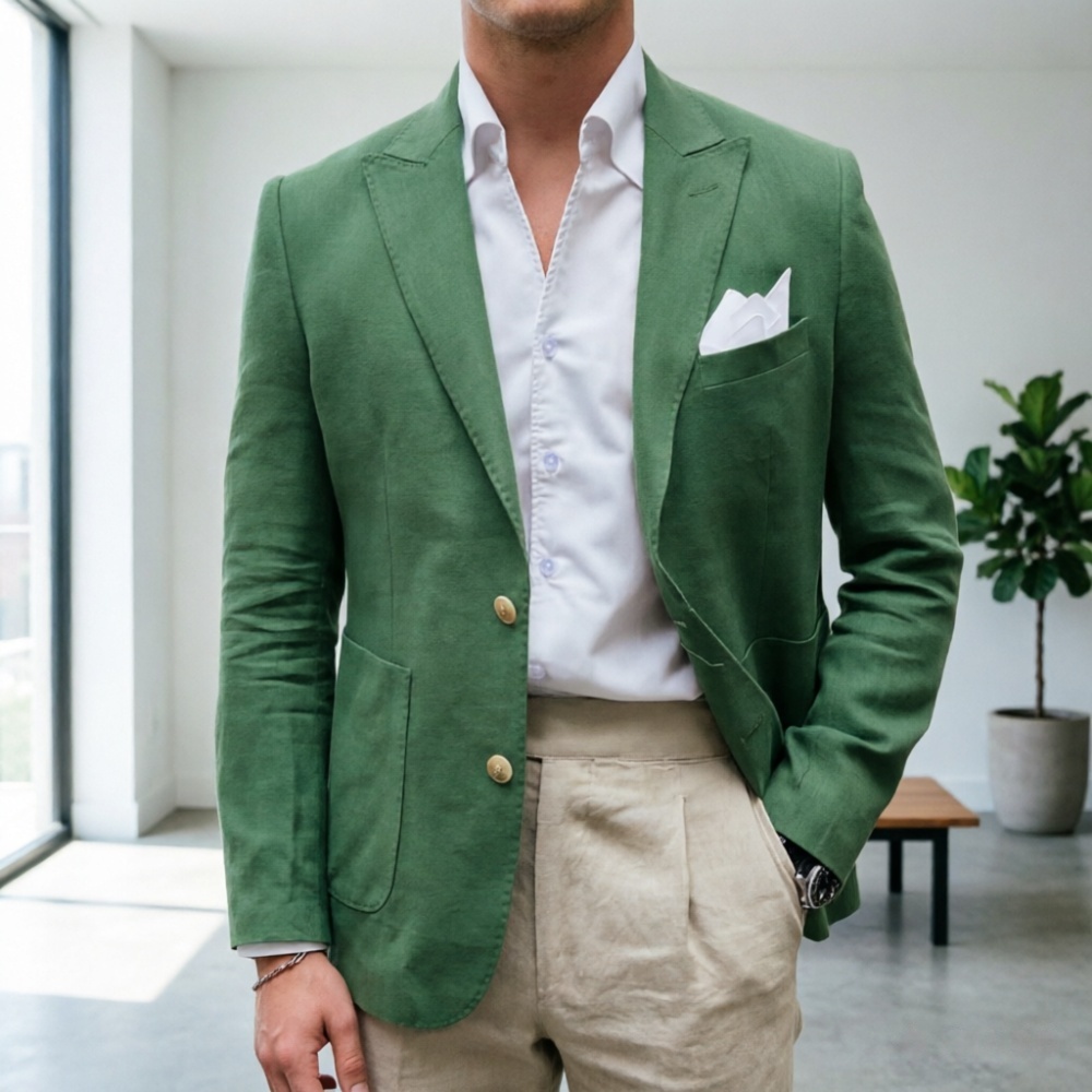 Men'S Semi Formal Office Wear - ชุดสูทผู้ชายสีเขียวเซจผ้าลินิน 2 ชิ้น ทรงเข้ารูป กระดุมแถวเดียว สำหรับใส่ทำงานและงานกึ่งทางการ