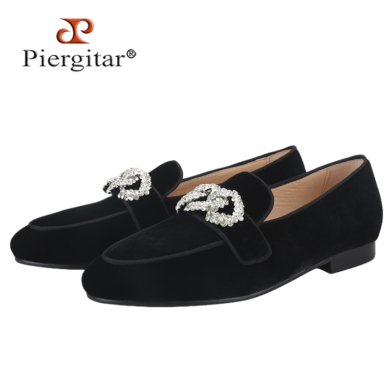 Men'S Formal Wear Slippers - Piergitar 2025 กํามะหยี่สีดําผู้ชายรองเท้าแตะรูปโซ่คริสตัล Allover Handmade SLIP-ON