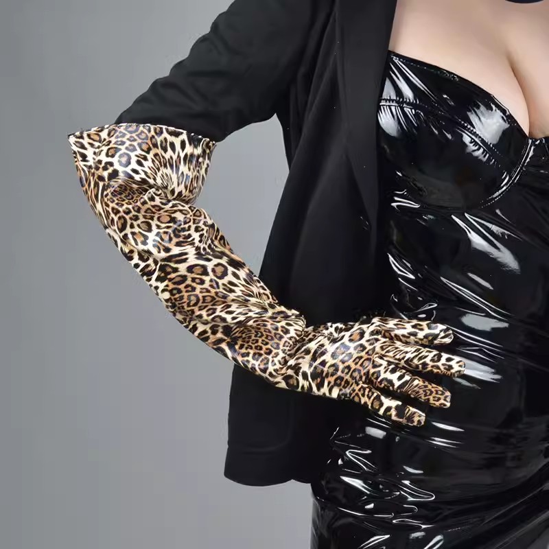 Formal Glove Leather - ถุงมือหนัง PU ลายเสือดาวแฟชั่นสำหรับผู้หญิง ถุงมือยาวสำหรับงานแสดง งานเลี้ยง งานเต้นรำ