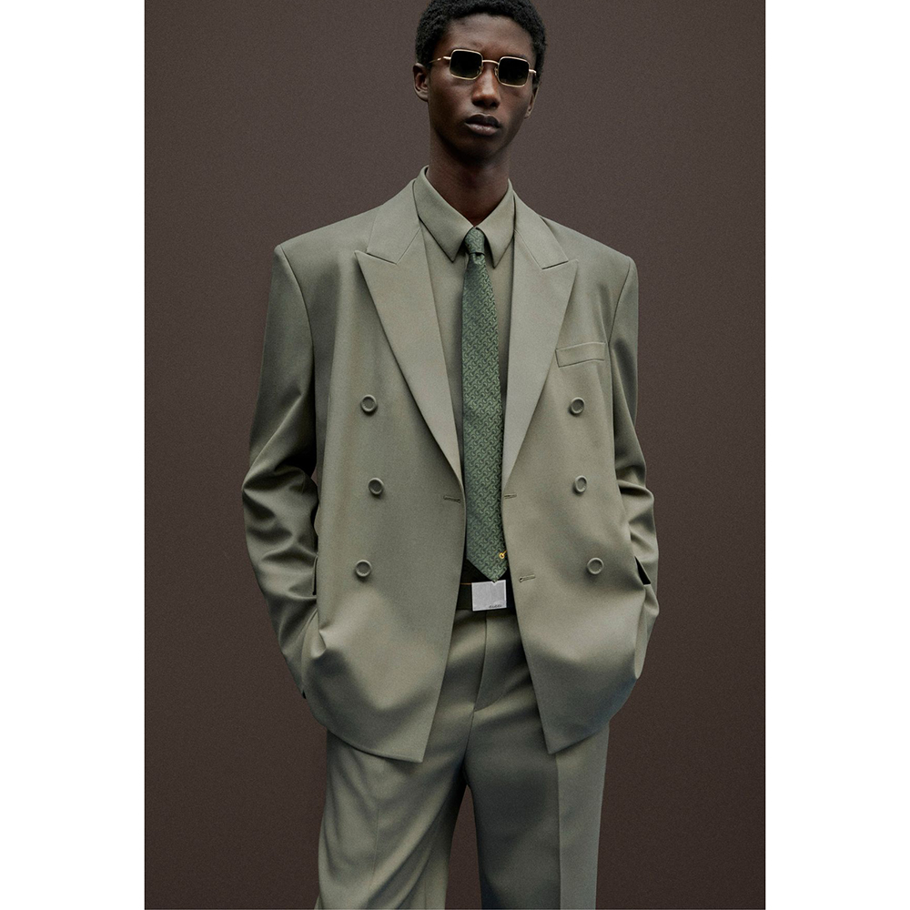 Khaki Formal Wear Men - ชุดสูทผู้ชายแบบกระดุมสองแถว 2 ชิ้น สีเขียวขี้ม้าอ่อน ปกแหลม สำหรับงานทางการ