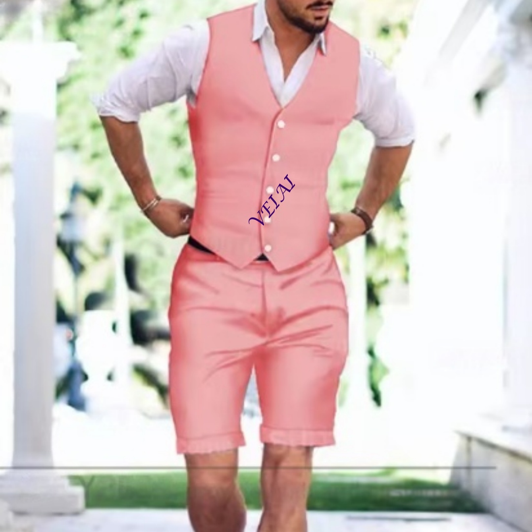 Men'S Holiday Formal Wear - ชุดสูทลำลองทรงเข้ารูปสำหรับผู้ชายแบบคลาสสิกที่ปรับแต่งได้ - ชุดสองชิ้นสำหรับวันหยุดฤดูร้อนพร้อมเสื้อกั๊กสีพื้นและกางเกงขาสั้น