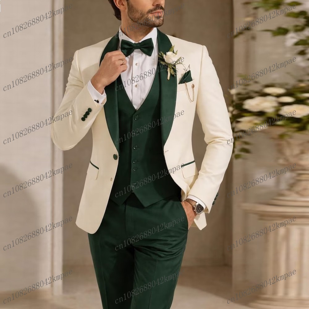 Men'S Formal Wear Accessories - ชุดสูทผู้ชายสีไอวอรี่และเขียวเข้มแบบเป็นทางการสำหรับเจ้าบ่าว เพื่อนเจ้าบ่าว งานแต่งงาน งานพรอม ธุรกิจ ชุดทักซิโด้ชาย