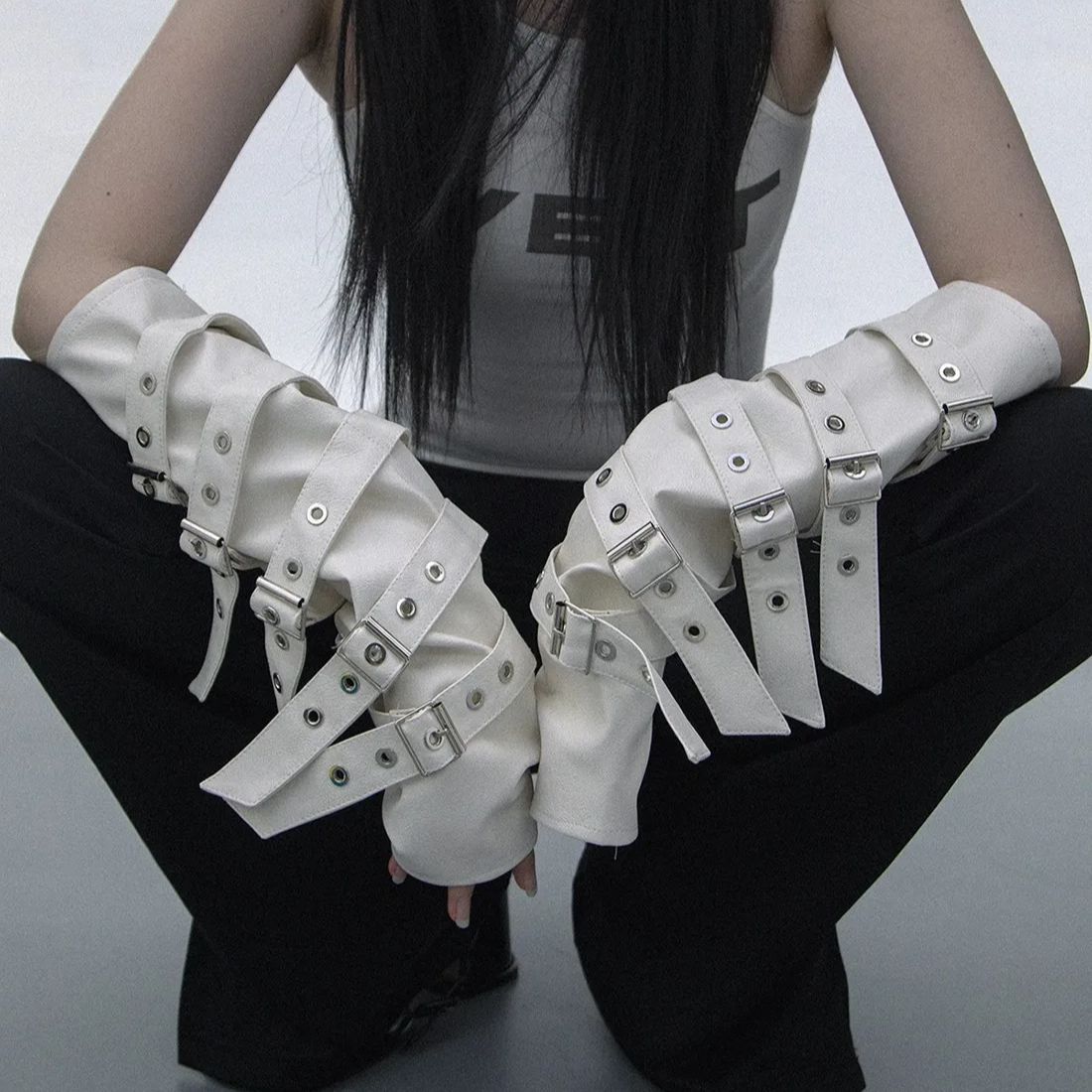 Formal Glove Leather - ผู้หญิงแฟชั่น Matt สีดํา PU หนังยาว Fingerless