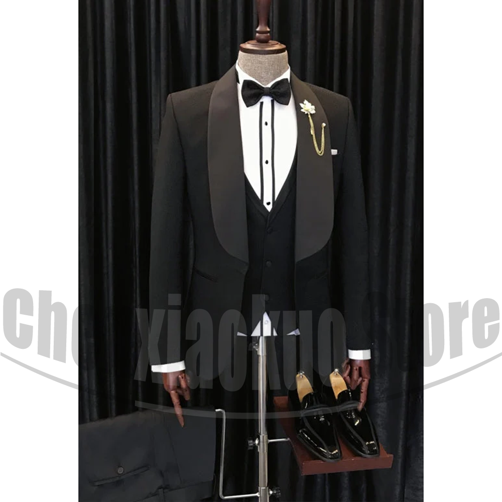 Elegant Formal Men'S Wear - ผู้ชายสีดําชุด Chic ผ้าคลุมไหล่หนึ่งปุ่มเจ้าบ่าวสวมใส่ Elegant อย่างเป็นทางการ Custom