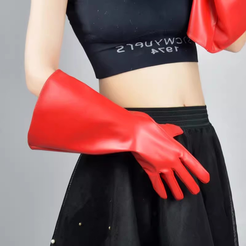 Formal Glove Leather - ถุงมือยาวแฟชั่นผู้หญิง หนัง PU สีแดง แขนกว้าง สำหรับงานปาร์ตี้