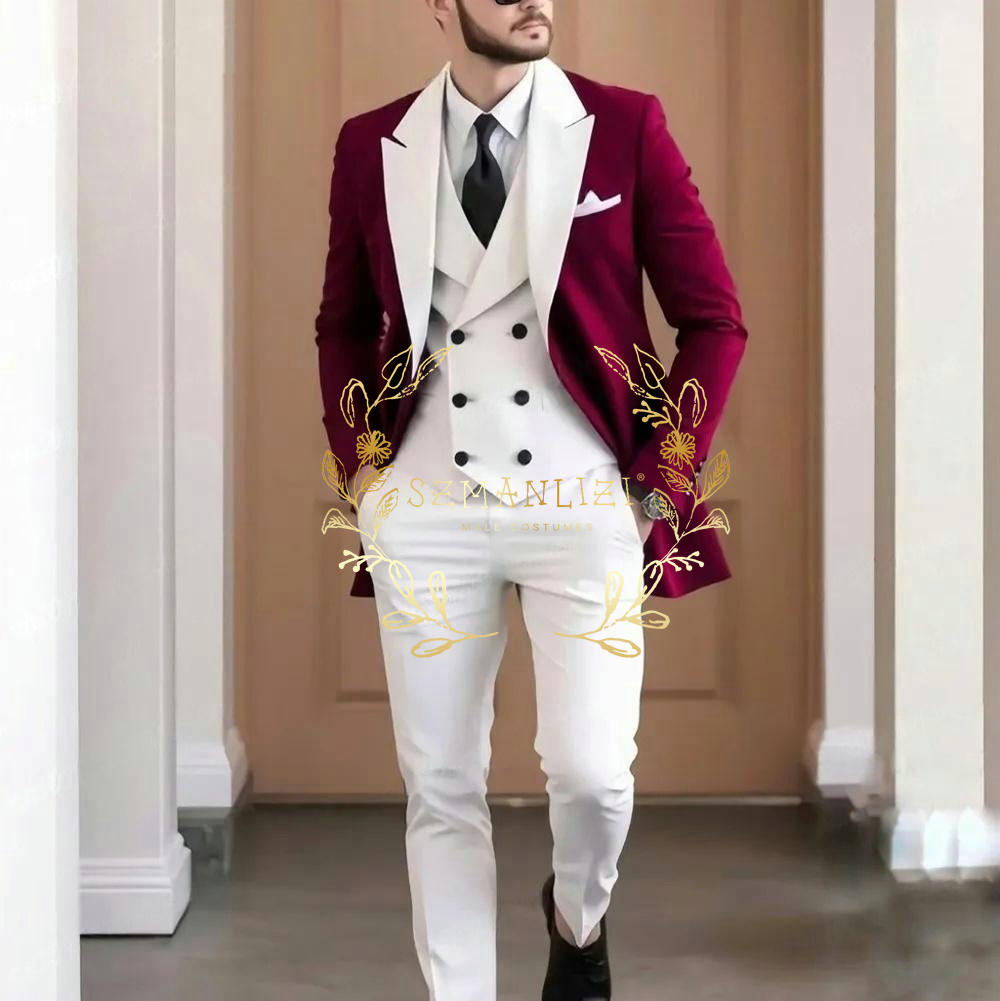 Elegant Formal Men'S Wear - ชุดสูทผู้ชายสีแดงเบอร์กันดี 3 ชิ้น ดีไซน์หรูหรา คุณภาพสูง ปกแหลมสีขาว