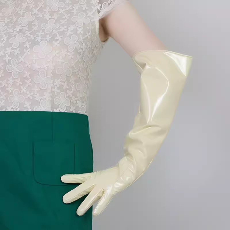 Formal Glove Leather - ถุงมือหนัง PU สีเบจสำหรับผู้หญิง แฟชั่นรันเวย์ ถุงมือยาวสำหรับงานแสดง คลับ