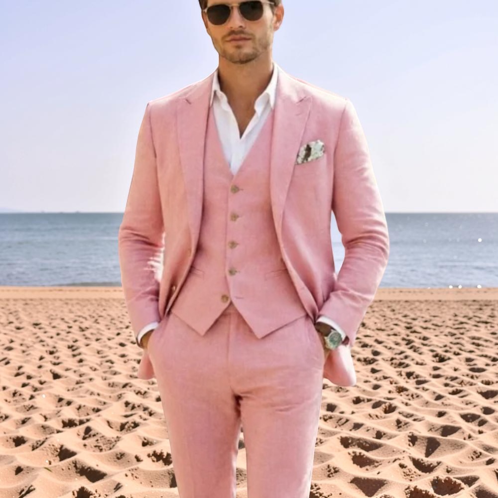 Men'S Holiday Formal Wear - ชุดทักซิโด้ผู้ชายสีชมพูผ้าลินิน 3 ชิ้น ชุดสูทฤดูร้อนระบายอากาศได้ดี สำหรับงานพิธีการ งานเลี้ยง