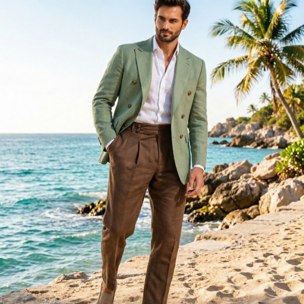 Men'S Holiday Formal Wear - ชุดสูทผู้ชายสีเบจ 2 ชิ้น ผ้าลินิน กระดุมสองแถว ดีไซน์หรูหรา