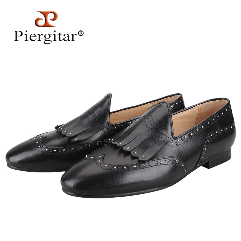 Men'S Formal Wear Slippers - Piergitar รองเท้าส้นเตี้ยหนังวัวสีดำ, รองเท้าโลฟเฟอร์แบบชาวเบลเยี่ยมพร้อมเดือยแหลมขนาดเล็กทำด้วยมือสำหรับงานปาร์ตี้แฟชั่นสวมใส่อย่างเป็นทางการรองเท้าสลิปออนไซส์พิเศษ
